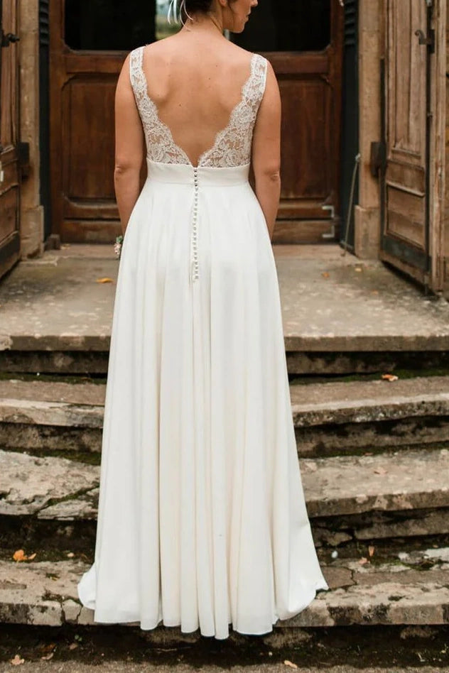 Scoop Sleeveless Open Back A-Line Long Wedding Dress