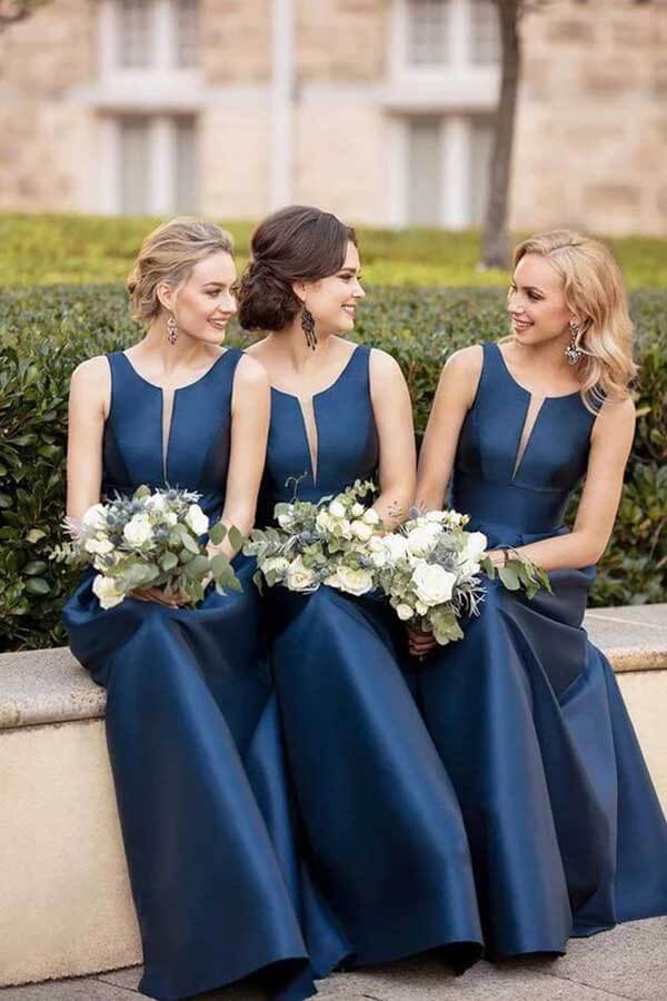Scoop Sleeveless Satin A-Line Long Bridesmaid Dress