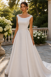 Scoop Straps A-Line Empire Satin Wedding Dress With Bow