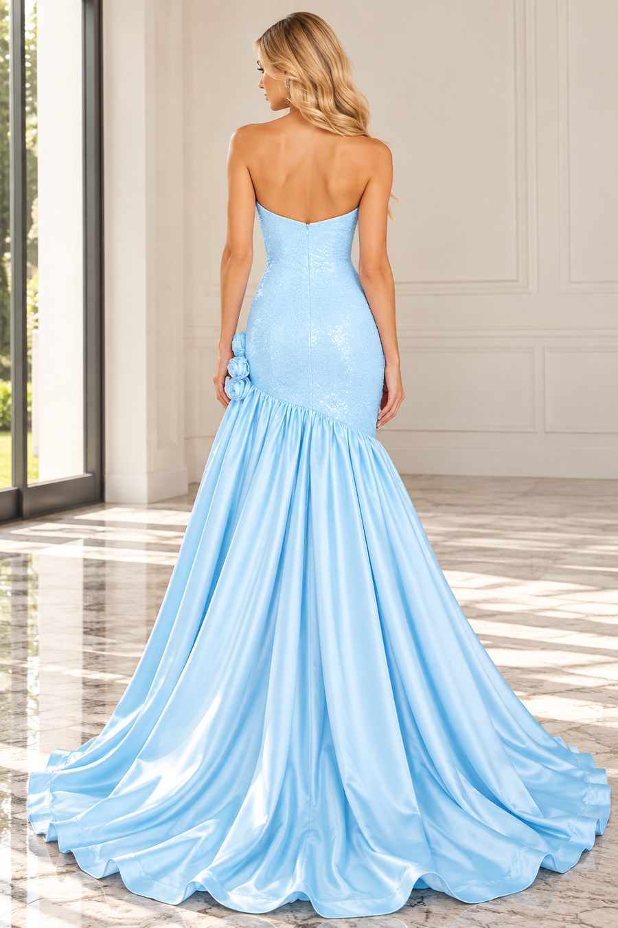 Sequin And Satin Modest Strapless Prom Evening Dress With Train