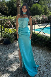 Sequin And Satin Ruched Empire Party Prom Dress With Leg Slit