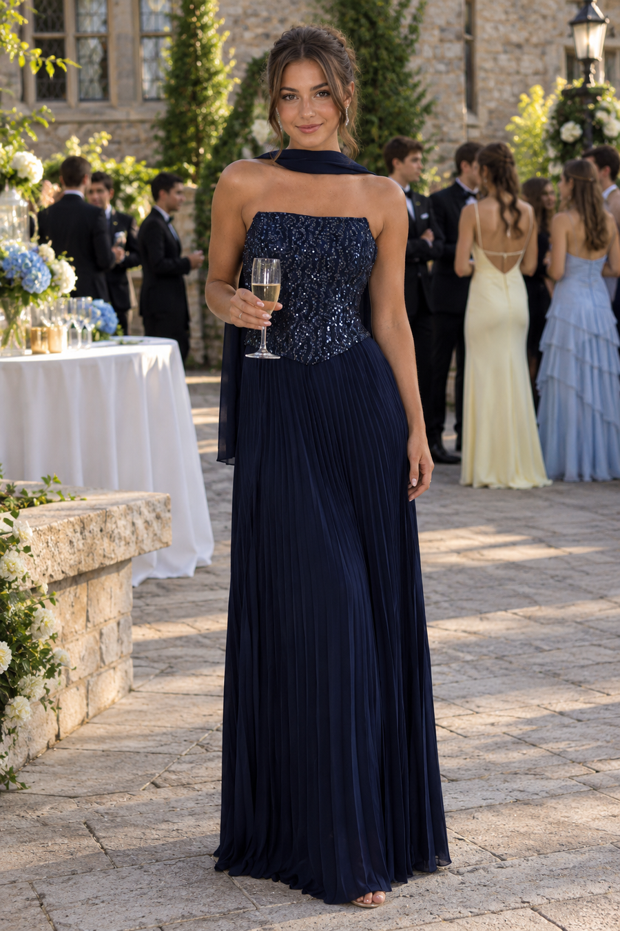 Sequin Top Chiffon A-Line Lace-Up Pleated Long Party Prom Dress