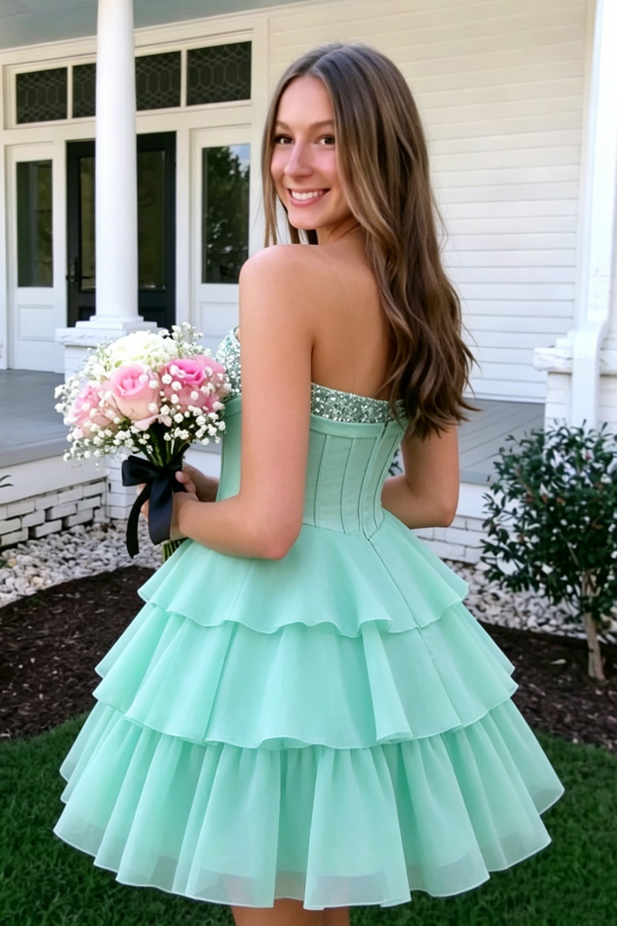 Sequin Top Chiffon A-Line Strapless Tiered Mini Homecoming Dress
