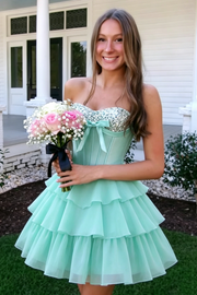 Sequin Top Chiffon A-Line Strapless Tiered Mini Homecoming Dress