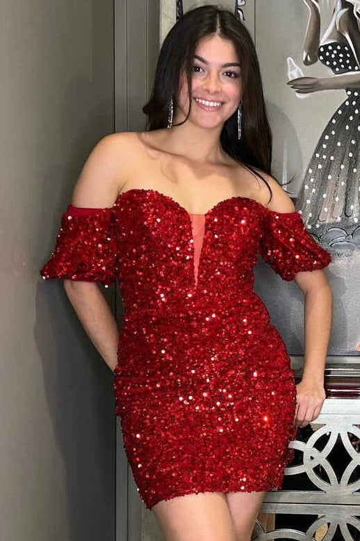 Sequins Off-Shoulder Puff Sleeves Bodycon Sequins Homecoming Dress Sequins Off-Shoulder Puff Sleeves Bodycon Sequins Homecoming Dress