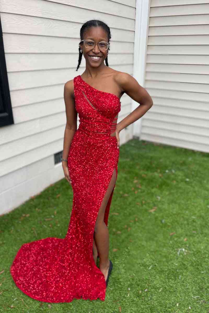 Sequins One Shoulder Sleeveless Empire With Side Slit Sexy Prom Dress