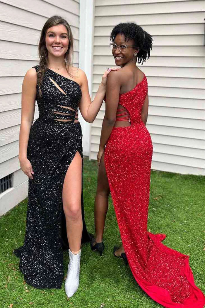 Sequins One Shoulder Sleeveless Empire With Side Slit Sexy Prom Dress