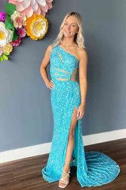 Sequins One Shoulder Sleeveless Empire With Side Slit Sexy Prom Dress