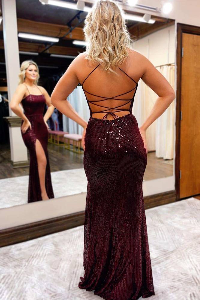 Sequins Spaghetti Straps Mermaid Party Prom Dress With Slit