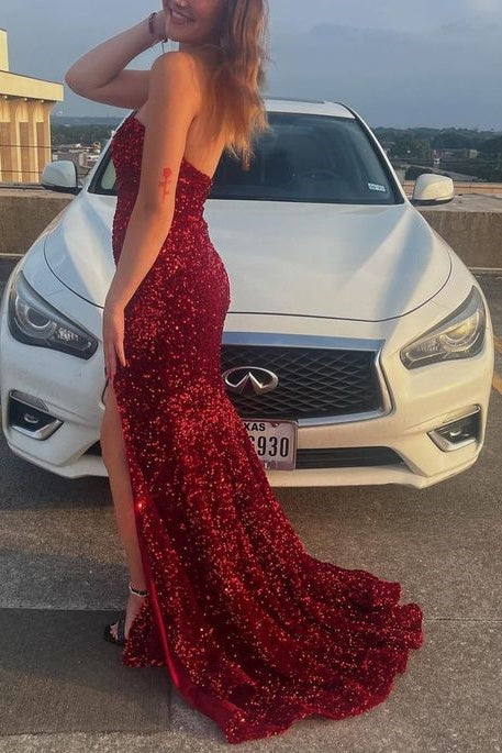 Sequins Strapless Empire Long Prom Dress With Side Slit