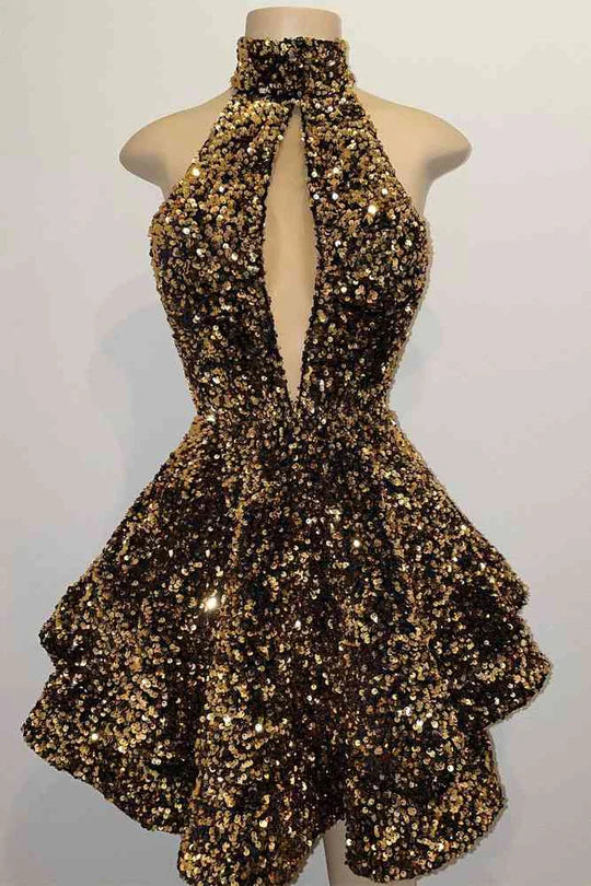 Sexy A-Line High Neck Open Back Sequins Homecoming Dress