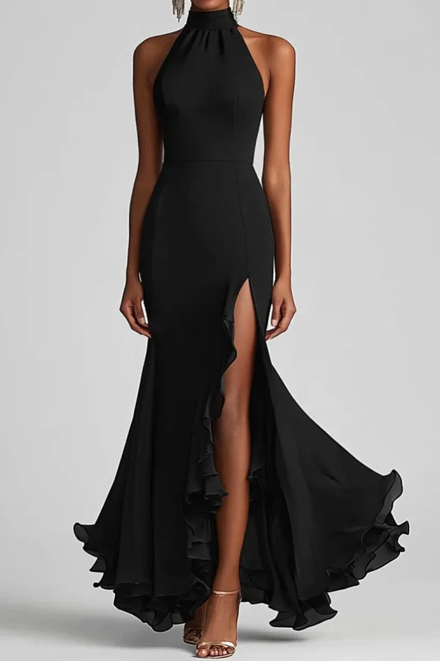 Sexy Black High Neck Sleeveless Mermaid Party Prom Dress