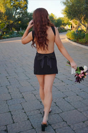 Sexy Black Satin Boat Open Back Mini Homecoming Dress 