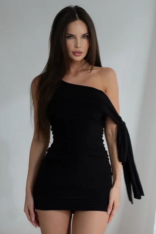 Sexy Black Satin Fitted One Shoulder Mini Party Homecoming Dress