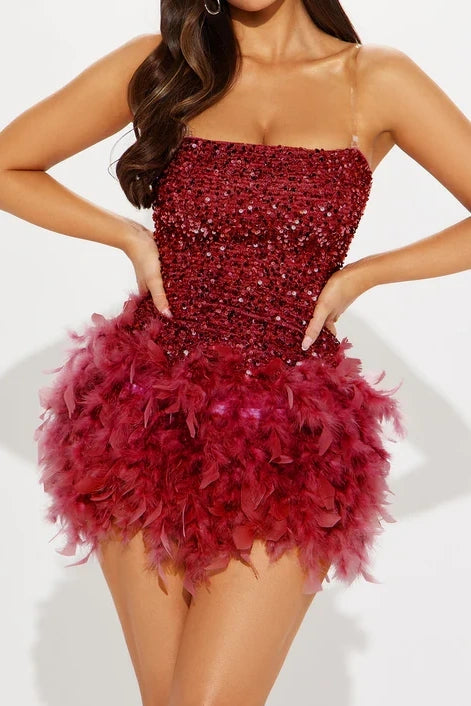Sexy Empire Sequin And Feather Square Strapless Homecoming Party Dress