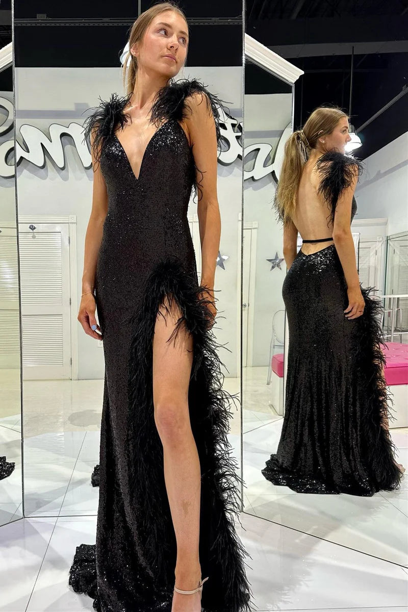 Sexy Fitted V-Neck Sequins Feathers With Side Slit Prom Dress