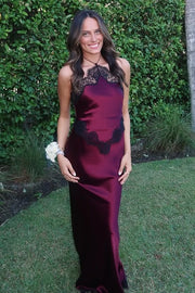Sexy Halter Backless Satin And Lace Sheath Party Prom Dress