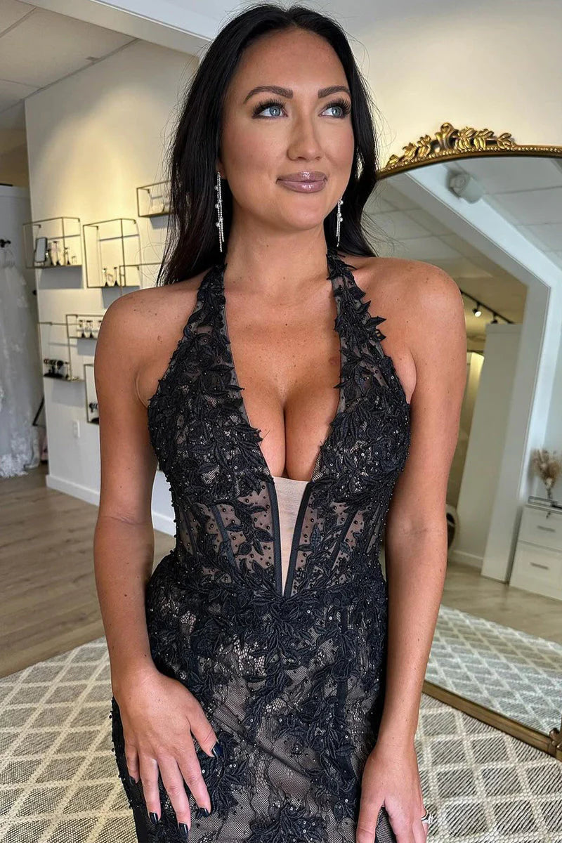 Sexy Lace Fitted V-Neck Halter With Side Slit Prom Dress