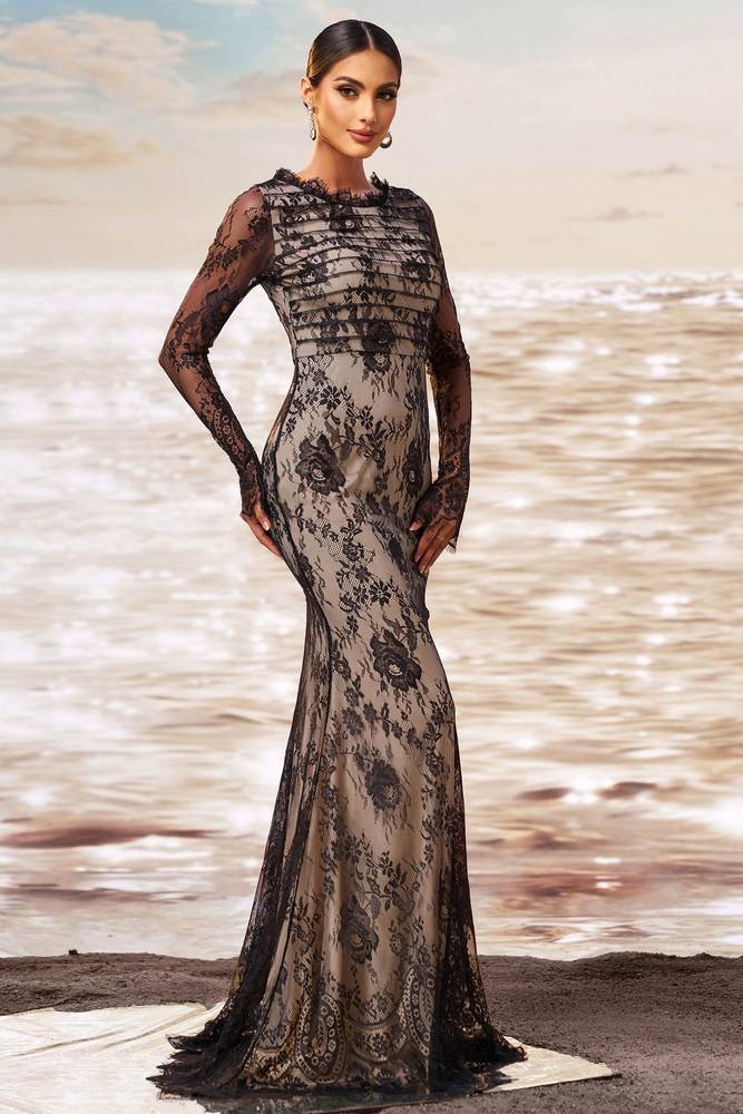 Sexy Lace Mermaid Round Long Sleeves Party Evening Dress