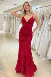 Sexy Lace Trumpet V-Neck Lace Up With Train Prom Dress