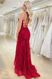 Sexy Lace Trumpet V-Neck Lace Up With Train Prom Dress