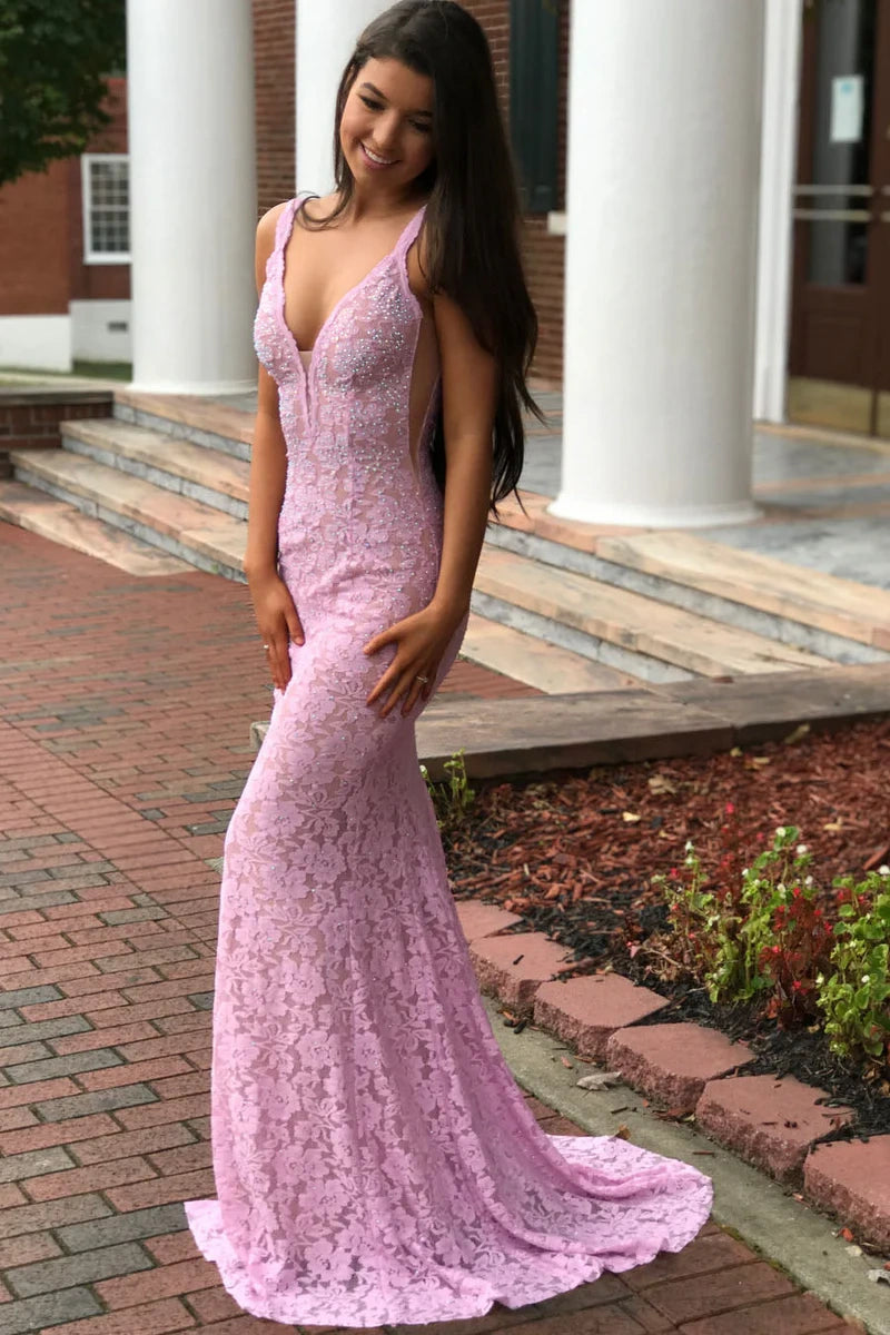 Sexy Lace Trumpet V-Neck Sleeveless Party Prom Dress