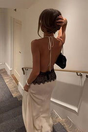 Sexy Low V-Neck Halter Open Back Satin And Lace Party Evening Dress