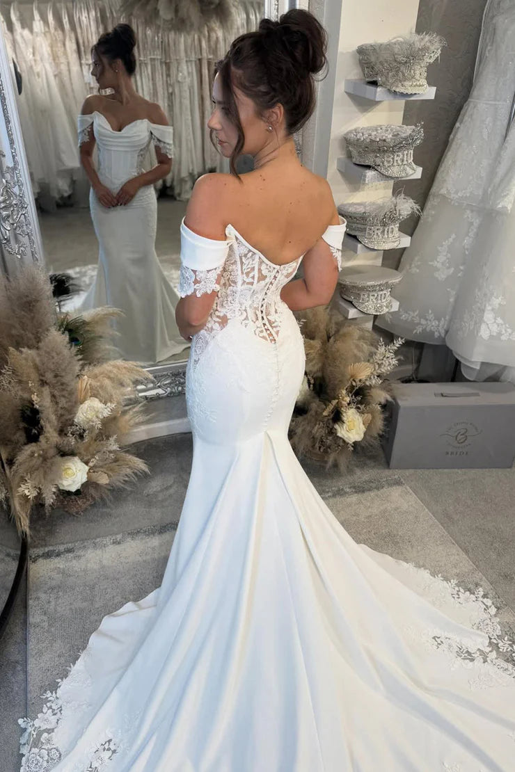 Sexy Mermaid Off-Shoulder Satin Wedding Dress With Lace Train White / US 6