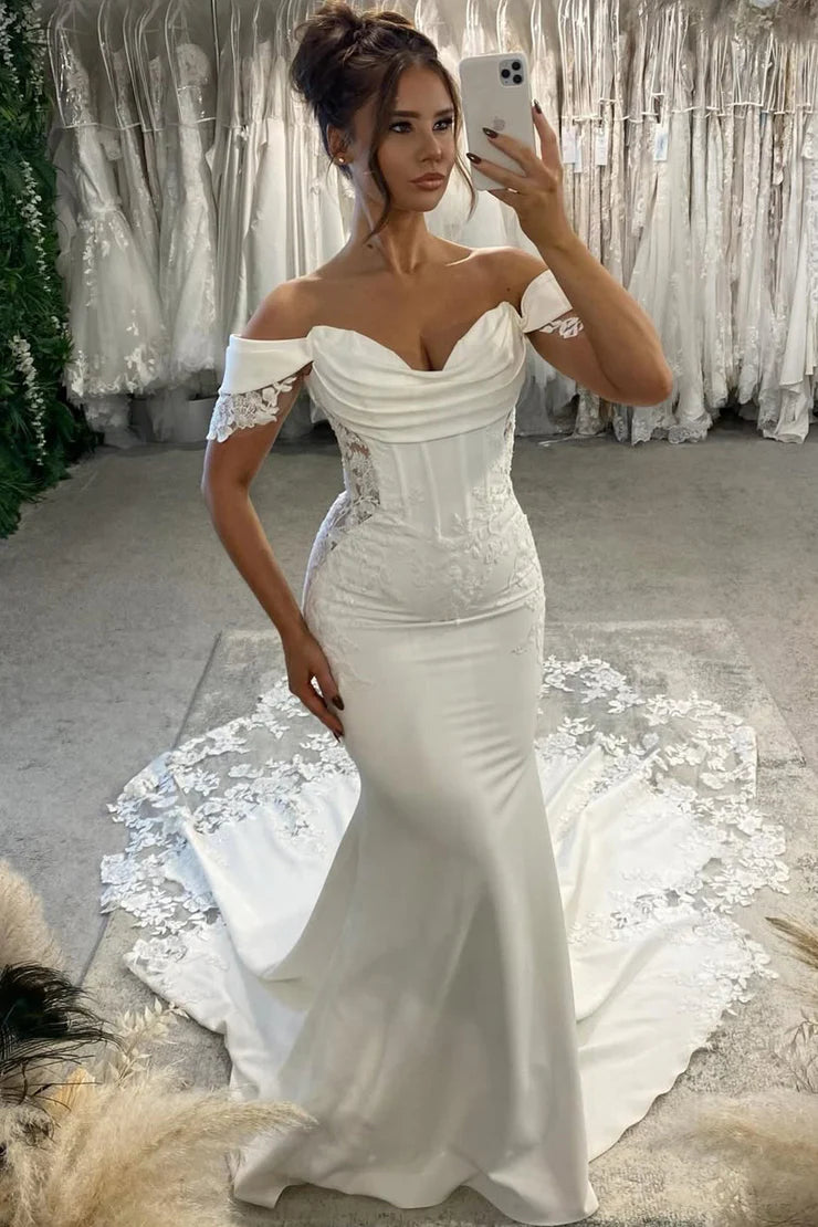 off the shoulder dress sexy Mermaid Off-Shoulder Satin Wedding With Lace Train White / US 6 Dark Emerald Color:Custom Size Mermaid Prom Dresses Vince Camuto Women's Mock