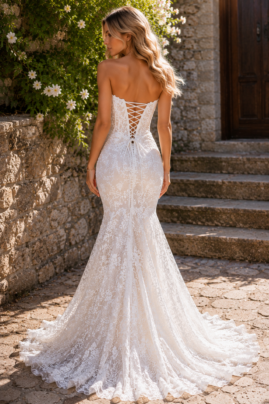 Sexy Mermaid Strapless Empire Lace-Up Lace Appliques Wedding Dress