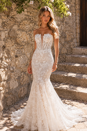 Sexy Mermaid Strapless Empire Lace-Up Lace Appliques Wedding Dress