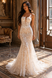 Sexy Mermaid Strapless Empire Lace-Up Lace Appliques Wedding Dress