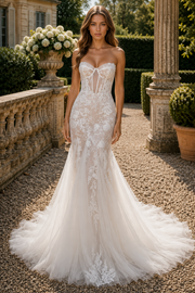 Sexy Mermaid Sweetheart Strapless Lace And Tulle Sheer Wedding Dress