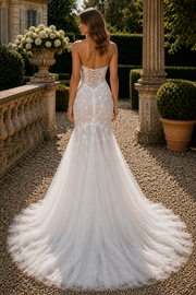 Sexy Mermaid Sweetheart Strapless Lace And Tulle Sheer Wedding Dress
