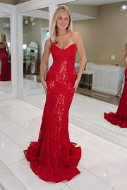 Sexy Red Lace Strapless Open Back Mermaid Party Prom Dress