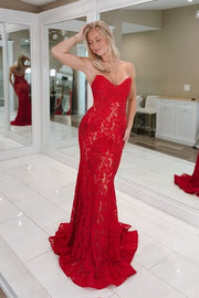 Sexy Red Lace Strapless Open Back Mermaid Party Prom Dress