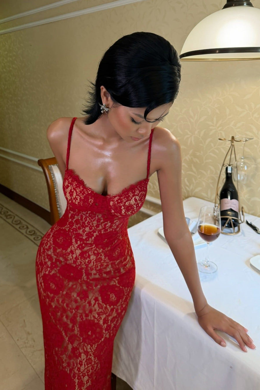 Sexy Red Lace Sweetheart Sleeveless Mermaid Party Prom Dress