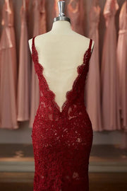 Sexy Red Lace V-Neck Open Back Mermaid Party Prom Dress