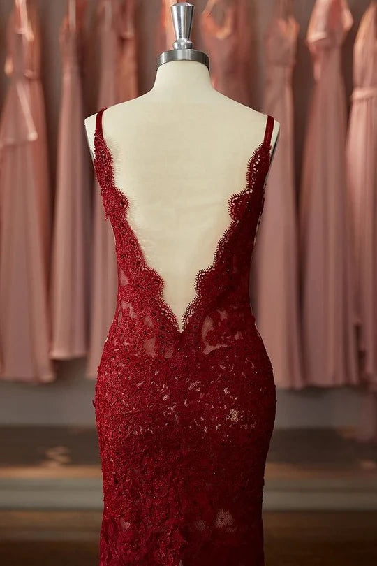 Sexy Red Lace V-Neck Open Back Mermaid Party Prom Dress