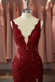 Sexy Red Lace V-Neck Open Back Mermaid Party Prom Dress