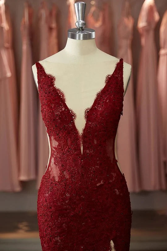 Sexy Red Lace V-Neck Open Back Mermaid Party Prom Dress