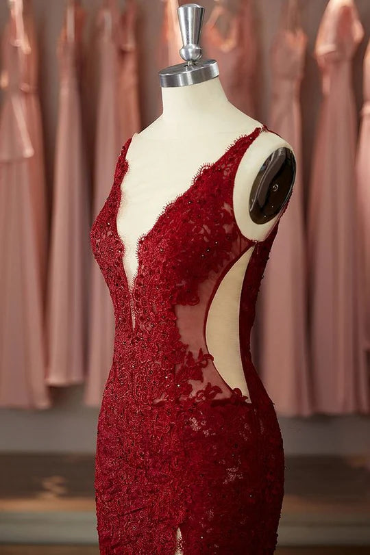 Sexy Red Lace V-Neck Open Back Mermaid Party Prom Dress