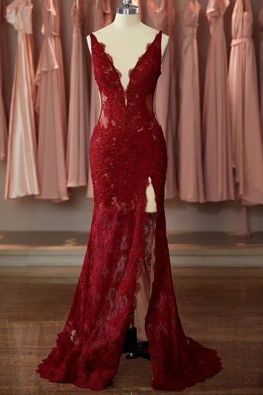 Sexy Red Lace V-Neck Open Back Mermaid Party Prom Dress