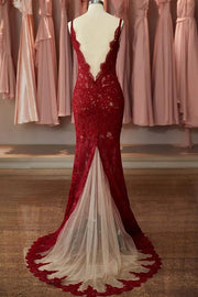 Sexy Red Lace V-Neck Open Back Mermaid Party Prom Dress