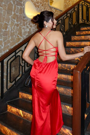 Sexy Red Satin Bateau Lace-Up Fitted Party Prom Dress