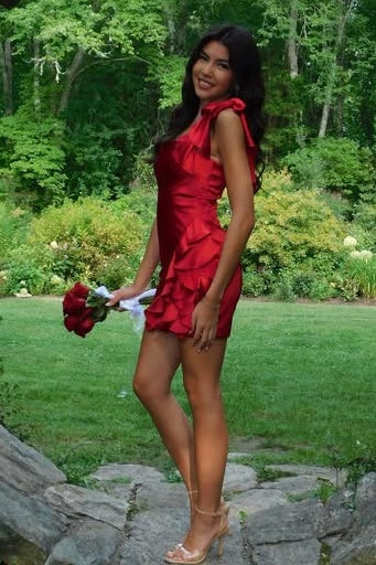 Sexy Red Satin Sheath Bow Straps Ruffle Mini Party Homecoming Dress 
