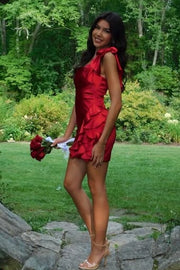 Sexy Red Satin Sheath Bow Straps Ruffle Mini Party Homecoming Dress 