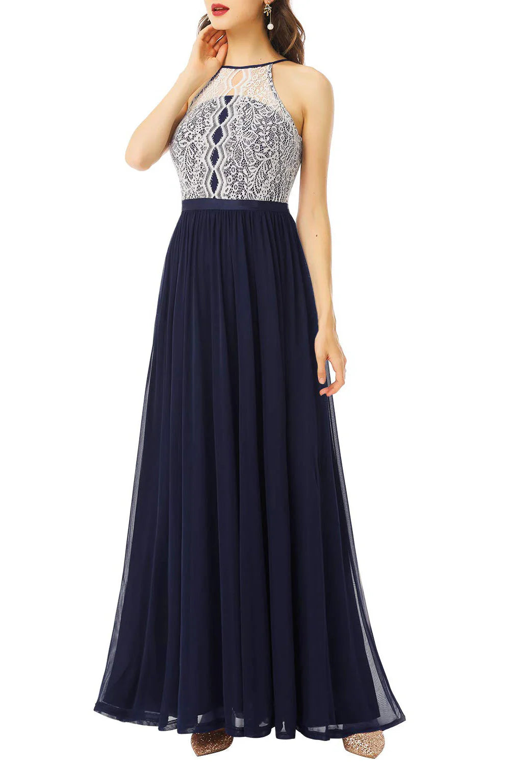 Sexy Round Empire Lace Appliques Chiffon A-Line Bridesmaid Dress