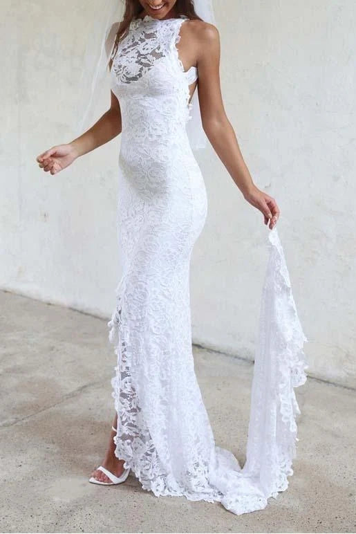 high neck sleeveless lace wedding dress Luxurious High Neck Mermaid Sleeveless Wedding DressNew Arrival Lace Appliques Overskirt Bridal Gown
