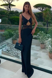 Sexy Satin Fitted V-Neck Lace Illusion Empire Party Evening Dress